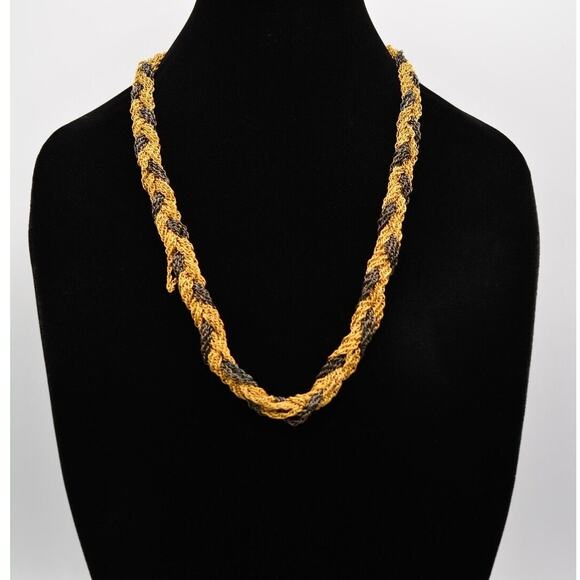 YSL Vintage Necklace Braided Chain Gold Gunmetal Chunky Signed 1970s Bin6A - Picture 1 of 12
